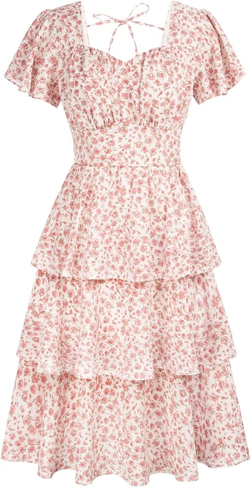 Belle Poque Women's Vintage Square Neck Dress 2026 Summer Short Sleeve Layered Tiered Ruffle A-li... | Amazon (US)