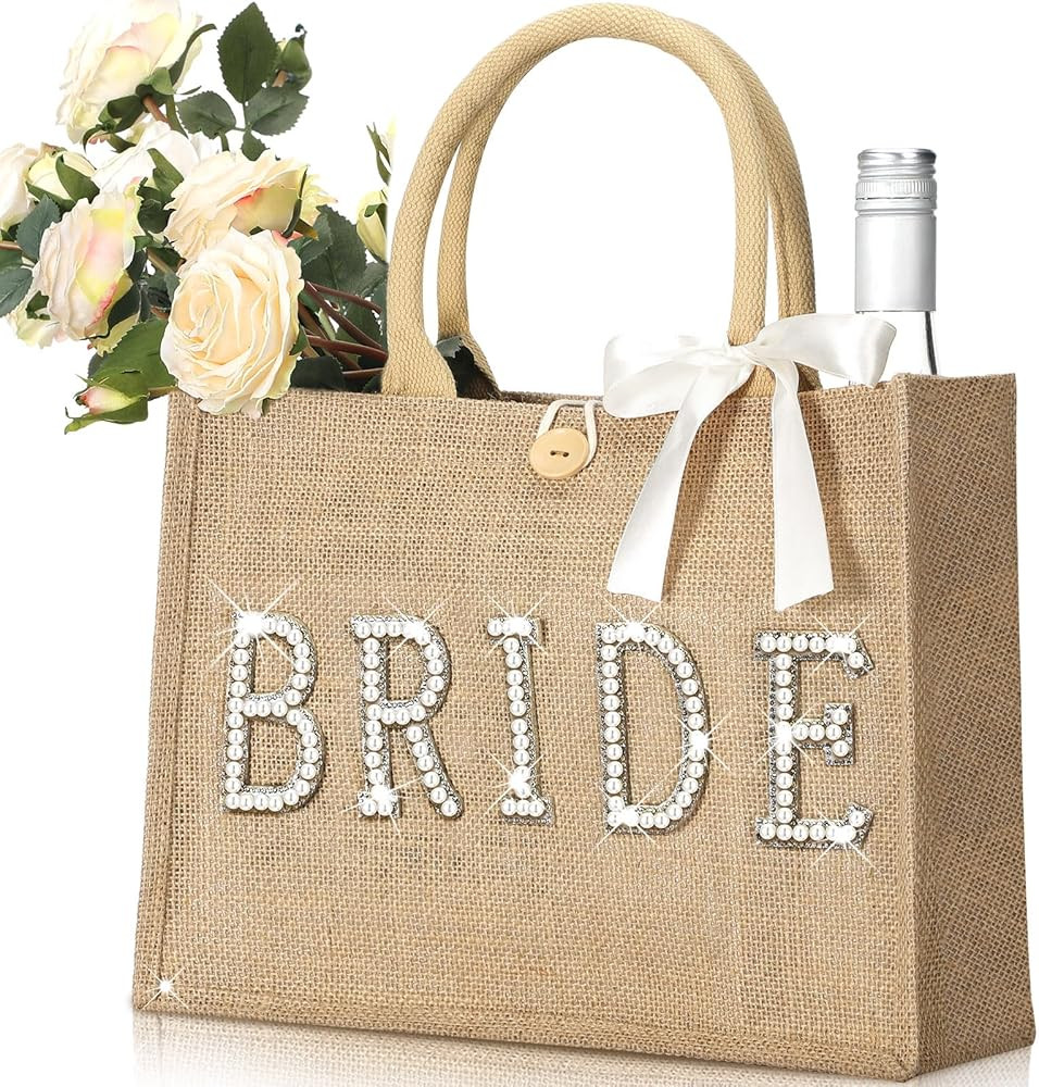 Wedding Bride Bag Natural Jute Bride Tote Bag with Ribbon Bride Gift Bag with Handle for Bridal S... | Amazon (US)