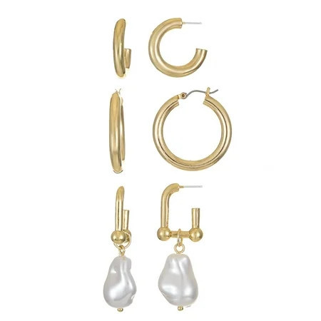 Time and Tru Goldtone Earring Trio, Simulated Pearl, 3 Pairs | Walmart (US)