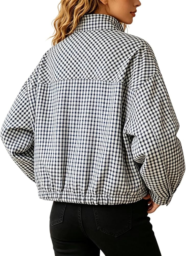 Checked Jacket Women Funnel Neck Cropped Bomber Jacket with Pockets | Amazon (UK)