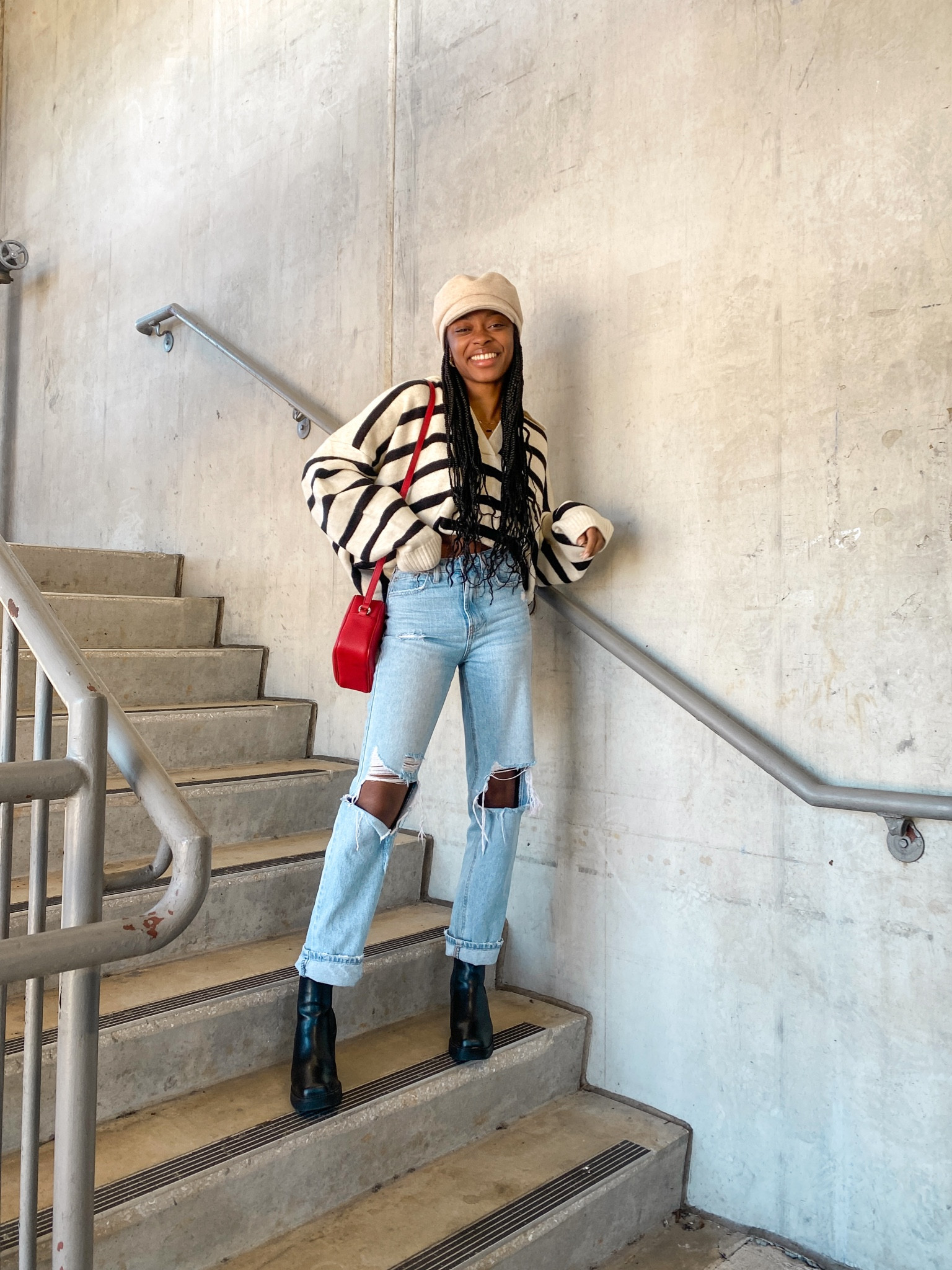 Striped sweater, black chunky boots, Gucci bag, paperboy hat, Abercrombie jeans 

#LTKfit #LTKunder100 #LTKshoecrush
