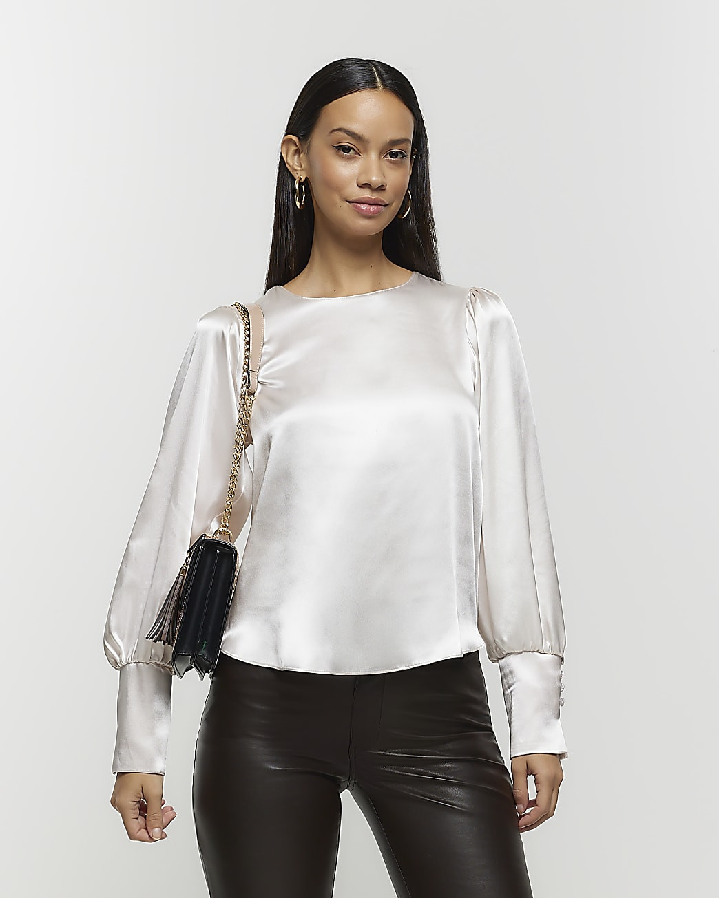 Beige satin long sleeve blouse | River Island (UK & IE)
