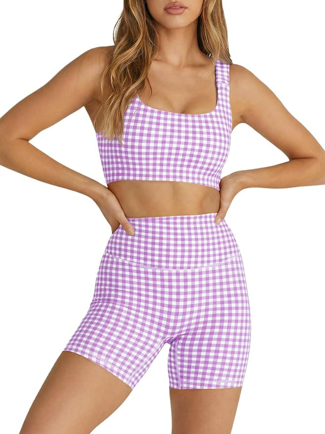 Aoysky Womens Workout Gingham 2 Piece Outfits Padded Open Back Crop Tank High Waist Sports Shorts... | Amazon (US)