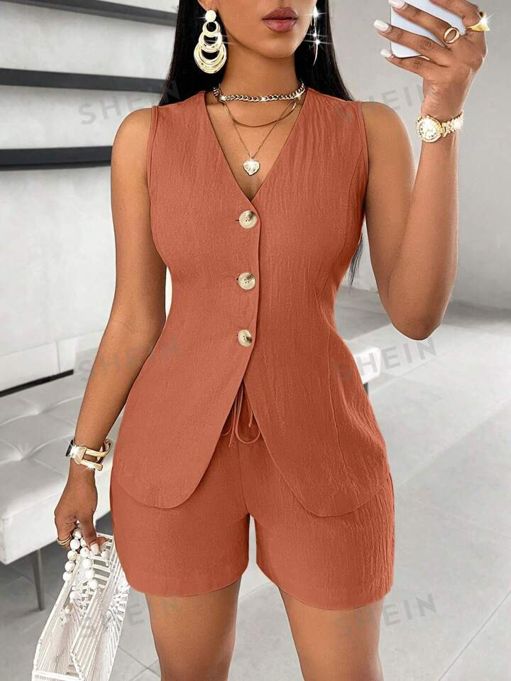 SHEIN Slayr Solid Button Front Vest Blazer & Shorts | SHEIN