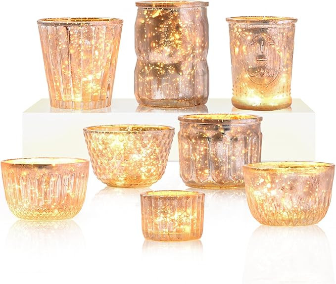 DN DECONATION 8PCS Gold Mercury Glass Candle Holder, Assorted Mercury Glass Votive Candle Holders... | Amazon (US)