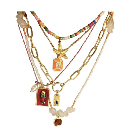 Pendant Necklace Set Bohemian Style Beaded Fish Star 5 Layered Collarbone Chain, Handcraft Jewelr... | Amazon (US)