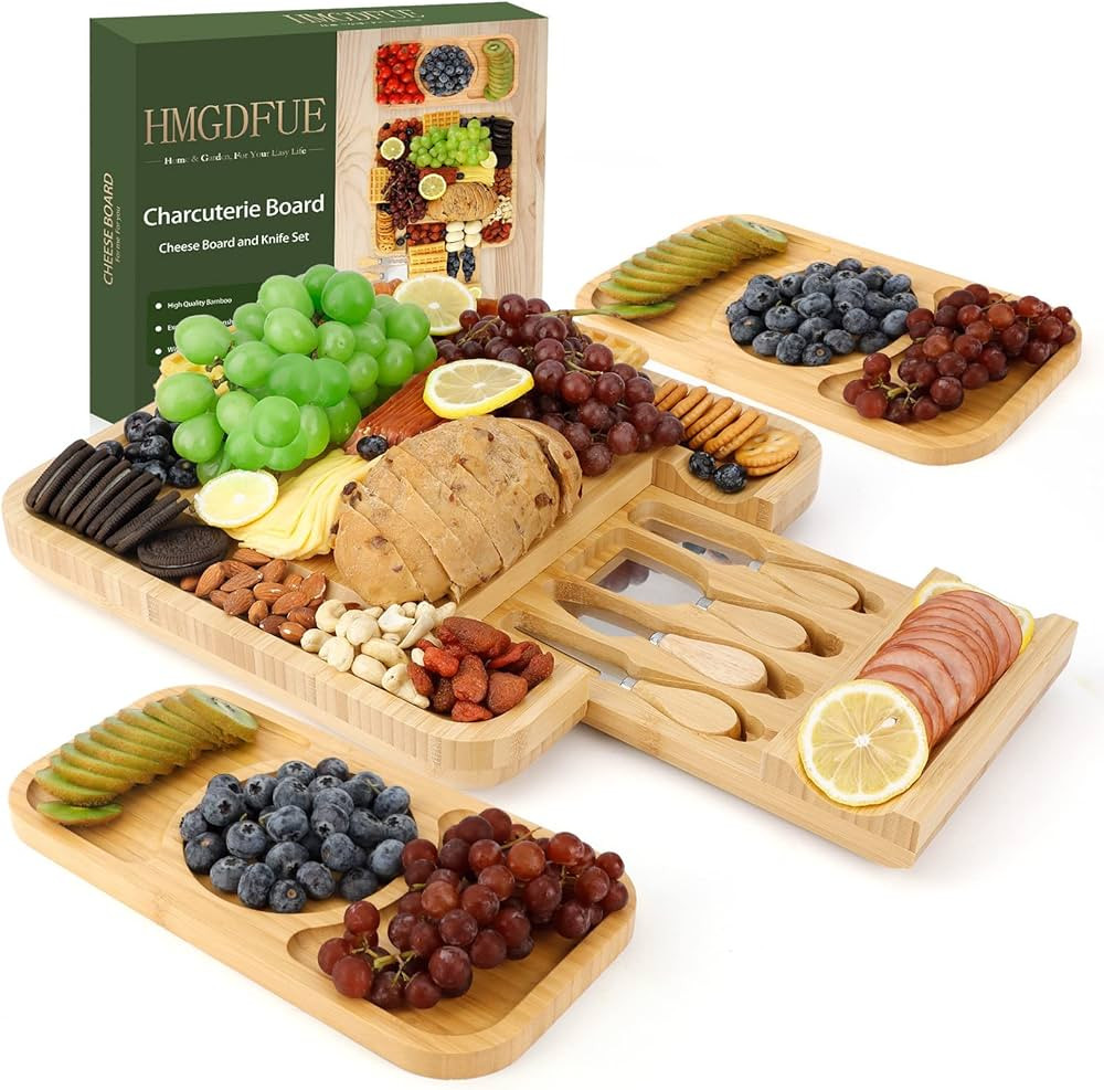 Bamboo Charcuterie Boards Cheese Board Knife Set, 13"x 13" Charcuterie Board and 13" x 6.3" Servi... | Amazon (US)
