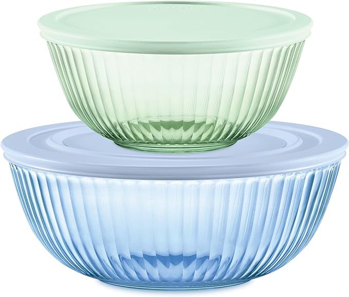 Pyrex Sculpted Tinted 4-PC, Medium/Large Glass Mixing Bowls With Lids, Nesting Space Saving Set o... | Amazon (US)