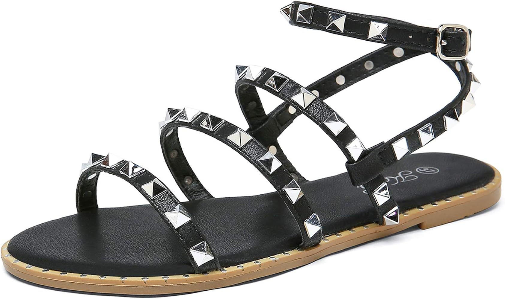 Katliu Women's Flat Sandals Strappy Studded Sandals Gladiator Sandals with Ankle Strap | Amazon (US)