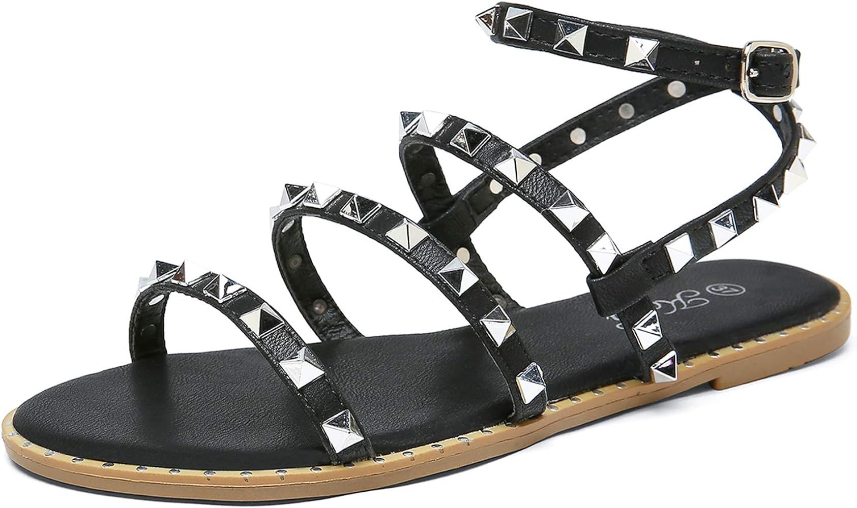 Katliu Women's Flat Sandals Strappy Studded Sandals Gladiator Sandals with Ankle Strap | Amazon (US)