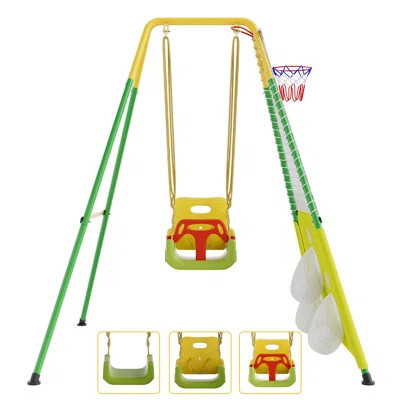 3 in 1 Toddler Swing Set with Basketball Rim and Soccer Scoring Net, Indoor Outdoor Baby Swing with Metal Stand, Kids Swing Set for Backyard, Free Soc | Wayfair North America