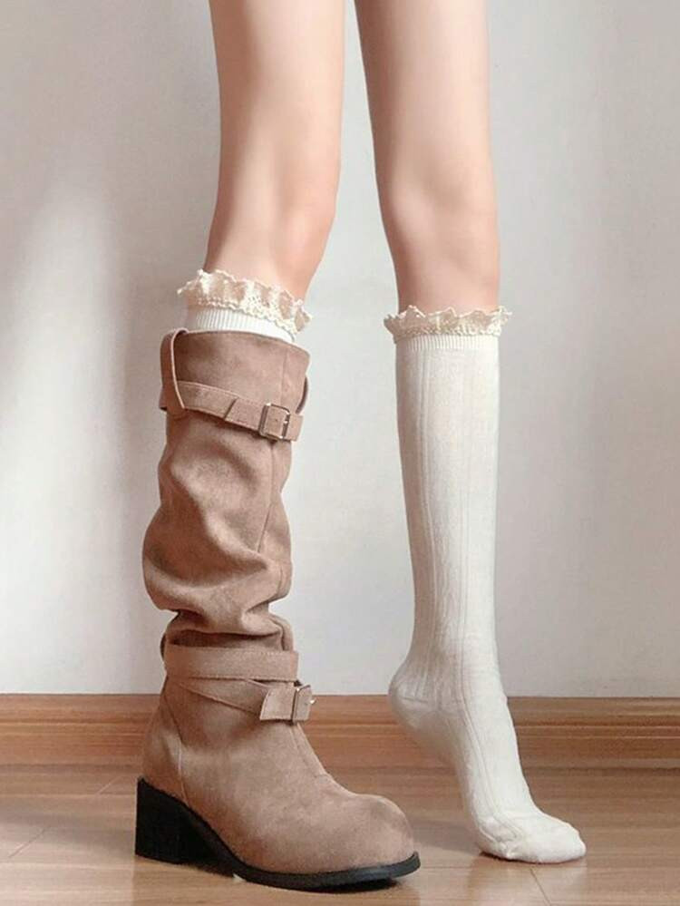 1 Pair Cream-Colored Lace Ankle Socks Paired With Long Boots, Japanese-Style Twisted Crew Socks For Women, All-Season Versatile Knee-High Medium-Length Socks | SHEIN