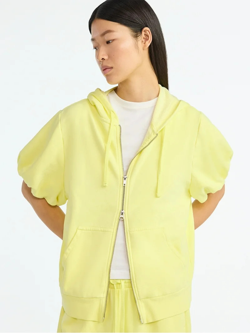 Scoop Women’s Mineral Washed Zip Hoodie with Short Puff Sleeves, Sizes XS-XXL | Walmart (US)