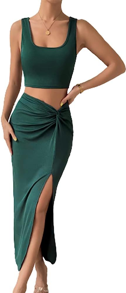 Verdusa Women's 2 Piece Outfit Square Neck Crop Tank Top and Ruched Long Skirt Sets | Amazon (CA)