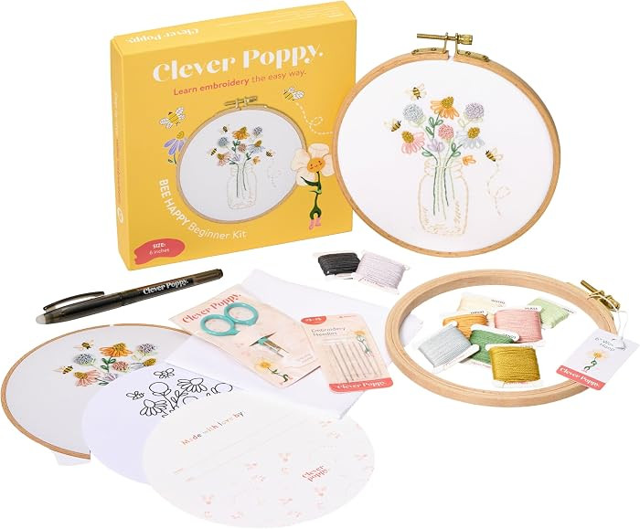 Clever Poppy Bee Happy Beginner Embroidery Kit \u2013 Easy Embroidery Kit for Beginners with Hoop... | Amazon (US)