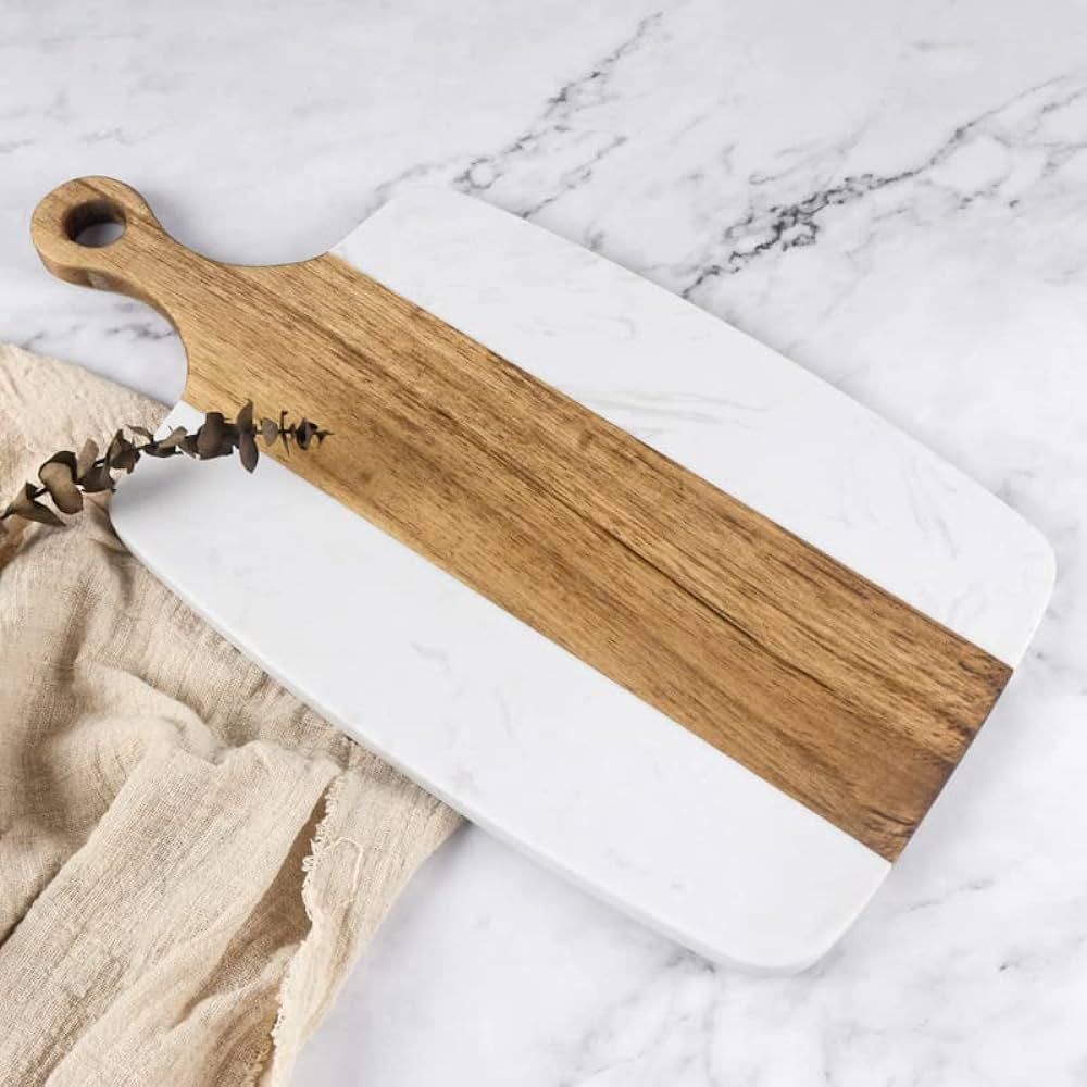 Acacia Wood and White Marble Cheese Cutting Board with Handle, Serving Tray, Charcuterie Platter ... | Amazon (US)