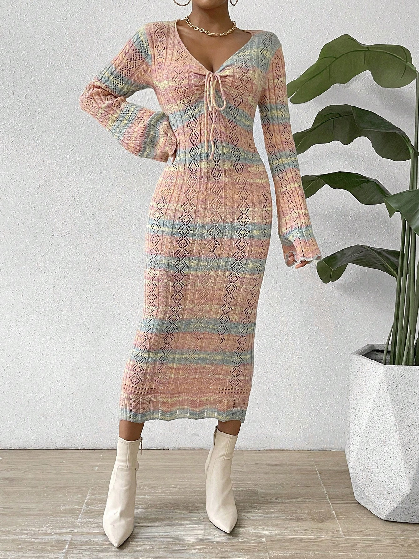 SHEIN Privé Space Dye Drawstring Front Flare Sleeve Sweater Dress | SHEIN