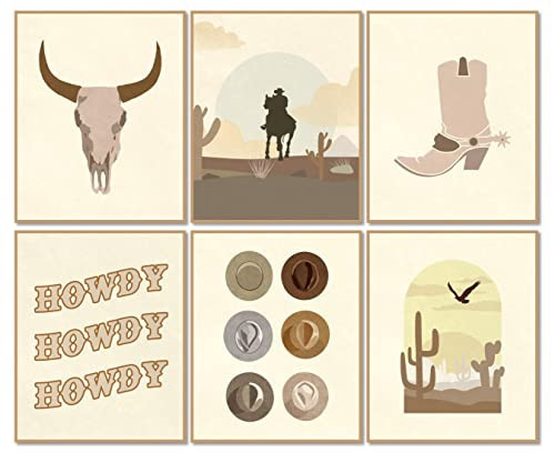 MINI ZOZI Boho Western Room Decor 8X10 6 PCS Wall Art Canvas Print Howdy Sign Cowboy Hat Cowgirl Boot Bull Longhorn Highland Cow Skull Head Country Boy Girl Teen Preppy Gifts Bedroom Kitchen Bathroom | Amazon (US)