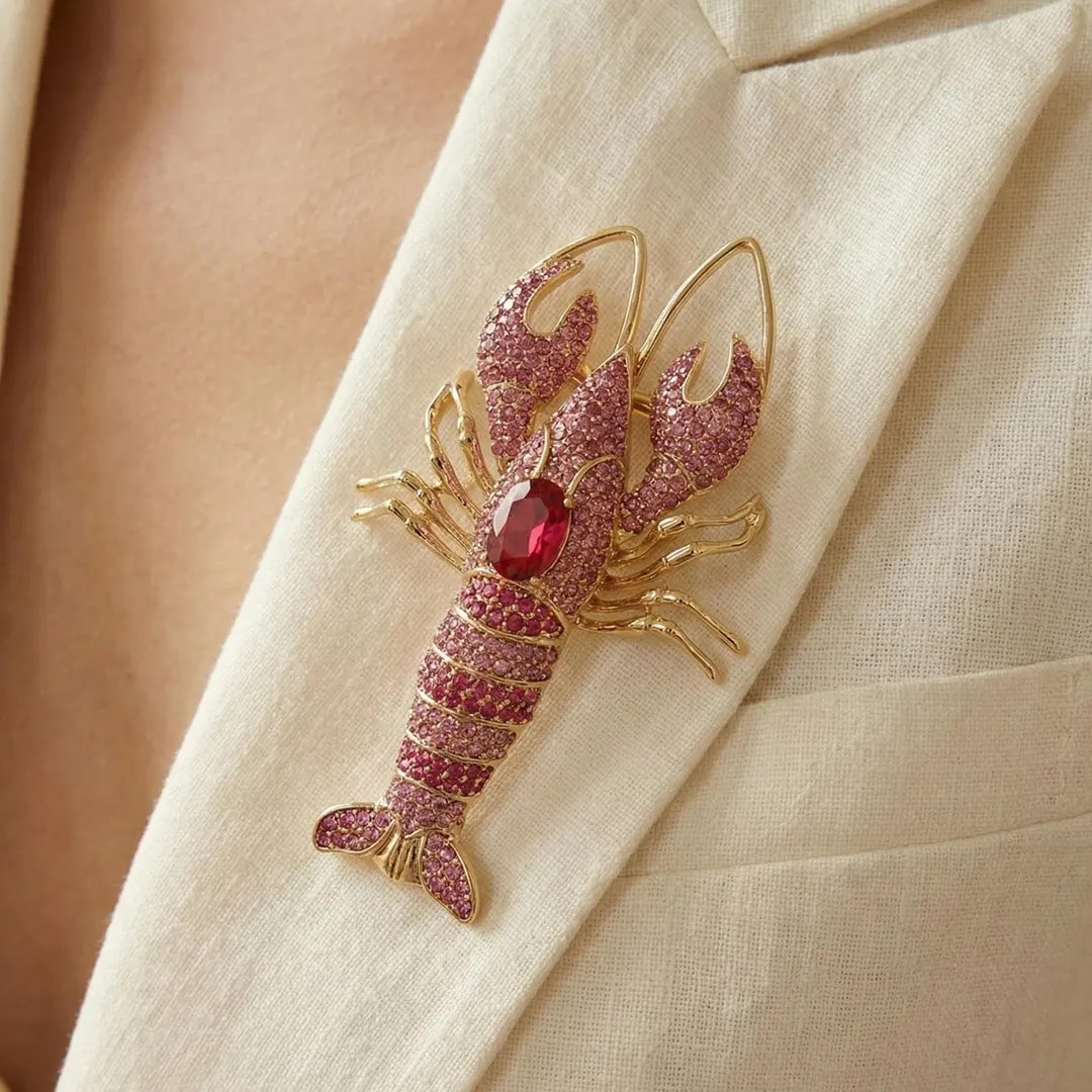 Pink Lobster Brooch, Gold Plated Brass with Cubic Zirconia, Statement Animal Pin, Elegant Gift Je... | Etsy (US)