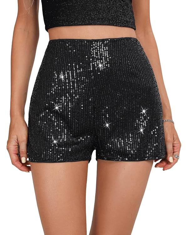 SweatyRocks Women's Sequins High Elastic Waist Straight Leg Shorts Solid Glitter Party Shorts | Amazon (US)