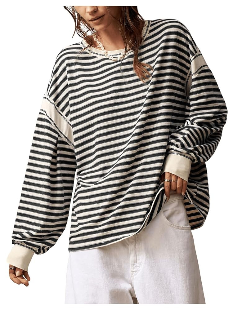 Milumia Women's Striped Long Sleeve Top Color Block Drop Shoulder Oversized T-Shirt | Amazon (US)