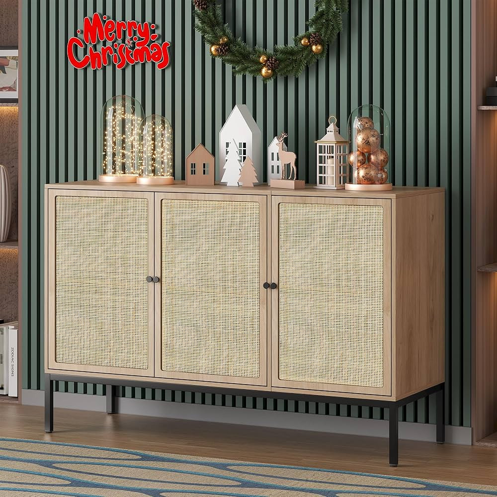 Buffet Cabinet with Natural Rattan Decorated Doors, Sideboard Accent Console Table/Storage Cabine... | Amazon (US)