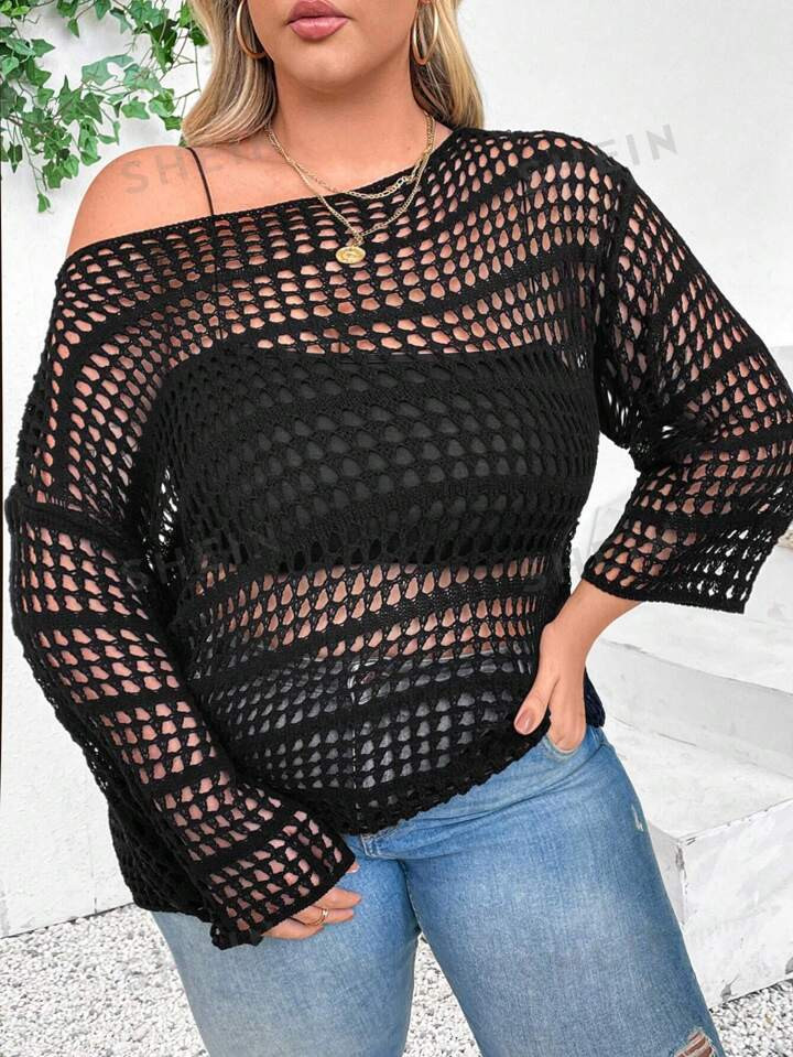 SHEIN CURVE+ Plus Size Summer Holiday Solid Color Hollow Knit See-Through Sweater | SHEIN USA | SHEIN
