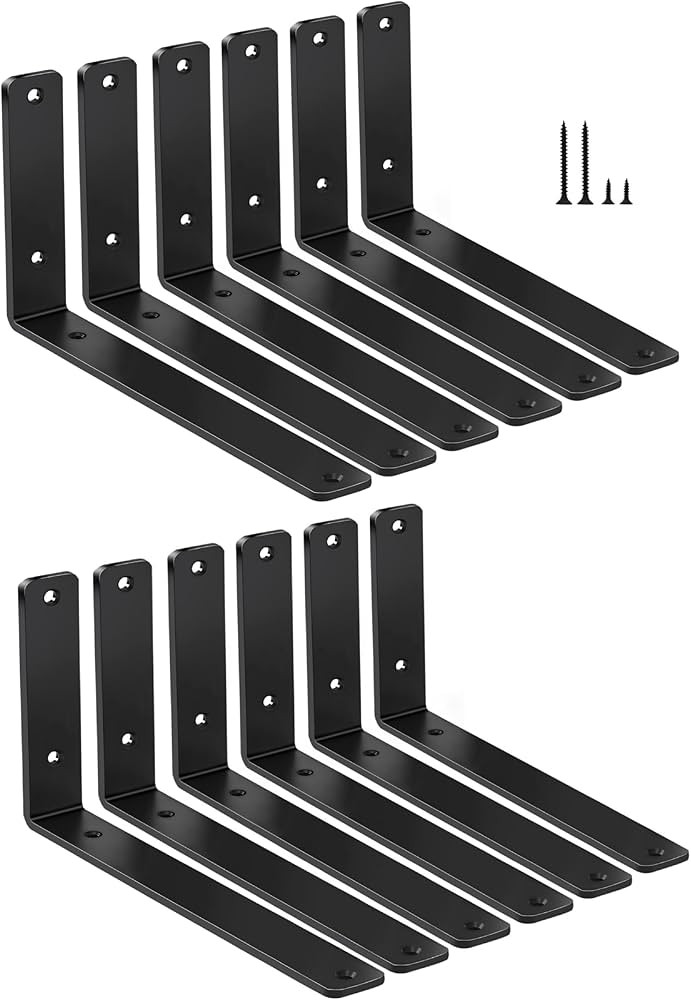 12 Pack - L 10" x H 6" x W1.5, 5mm Thick Black L Shelf Bracket, Iron Shelf Brackets, Metal Shelf ... | Amazon (US)