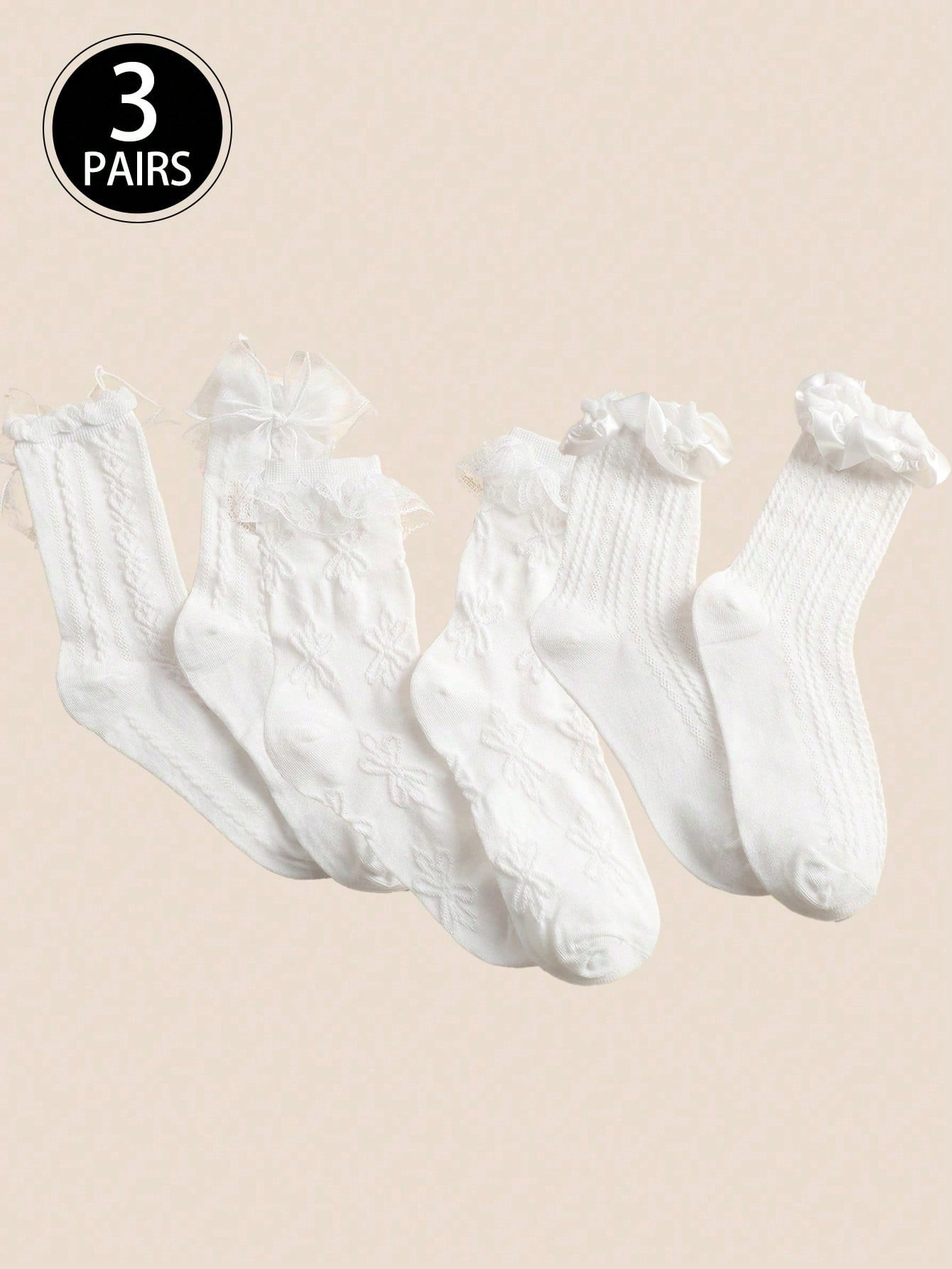 3 paires de chaussettes fines mi-mollet à nœud et garniture en dentelle, design simple, été, ... | SHEIN