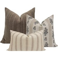Pillow Combo || Set Of Three Designer Pillow Covers, Neutral Combo, Floral Linen & Striped Sofa Set | Etsy (US)