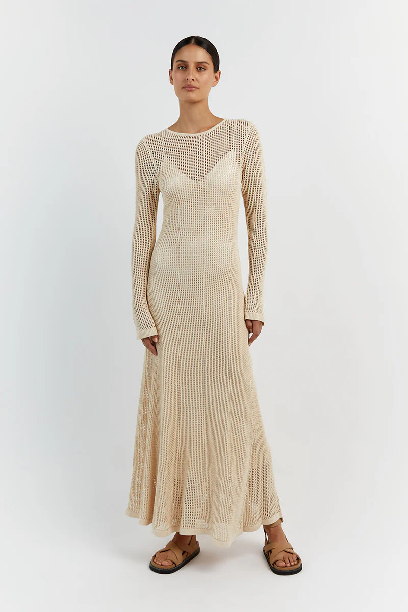 OPHELIA NATURAL LONG SLEEVE CROCHET MAXI DRESS | DISSH