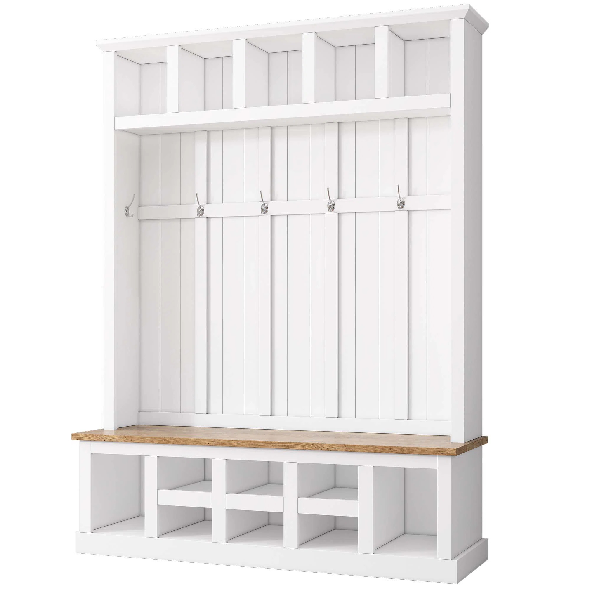 Farmhouse Wooden Hall Tree With Storage Seating Bench, Coat Rack & 13 Compartments | Wayfair North America