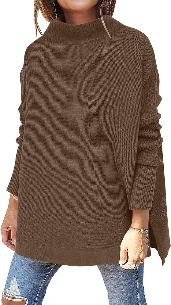 ANRABESS Women's Turtleneck Oversized Long Batwing Sleeve High Low Spilt Hem Knit Pullover Sweater T | Amazon (US)