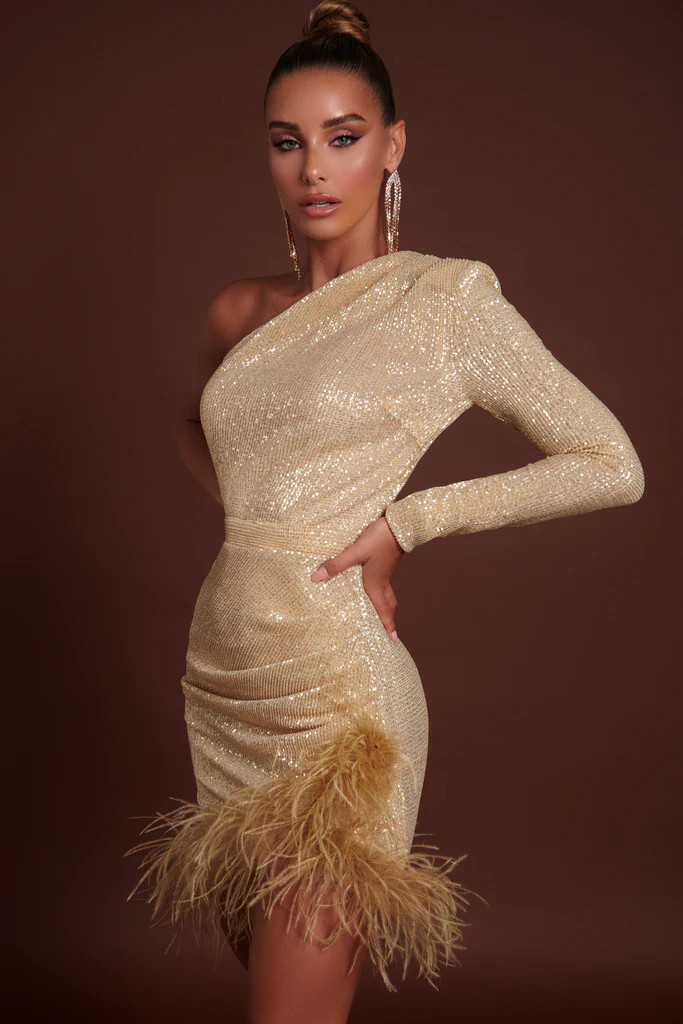 BLAKELY Pleated Sequin Mini Dress With Feather Hem In Bronze | Lavish Alice