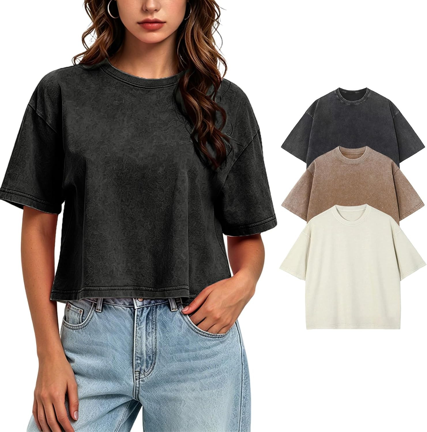 Women's Oversized Cropped Tshirts Acid Wash Baggy Crop Tops Vintage Tees | Amazon (US)