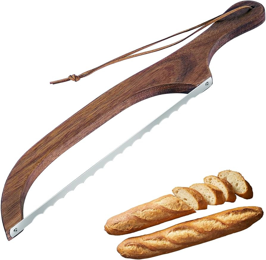 bow bread knife, 16" Wooden Handle bread cutter with Leather Hanging Strap Serrated bread Saw kni... | Amazon (US)