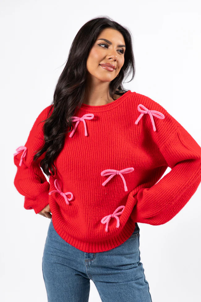 Knot Your Average Bow Red Embroidered Bow Sweater | Pink Lily