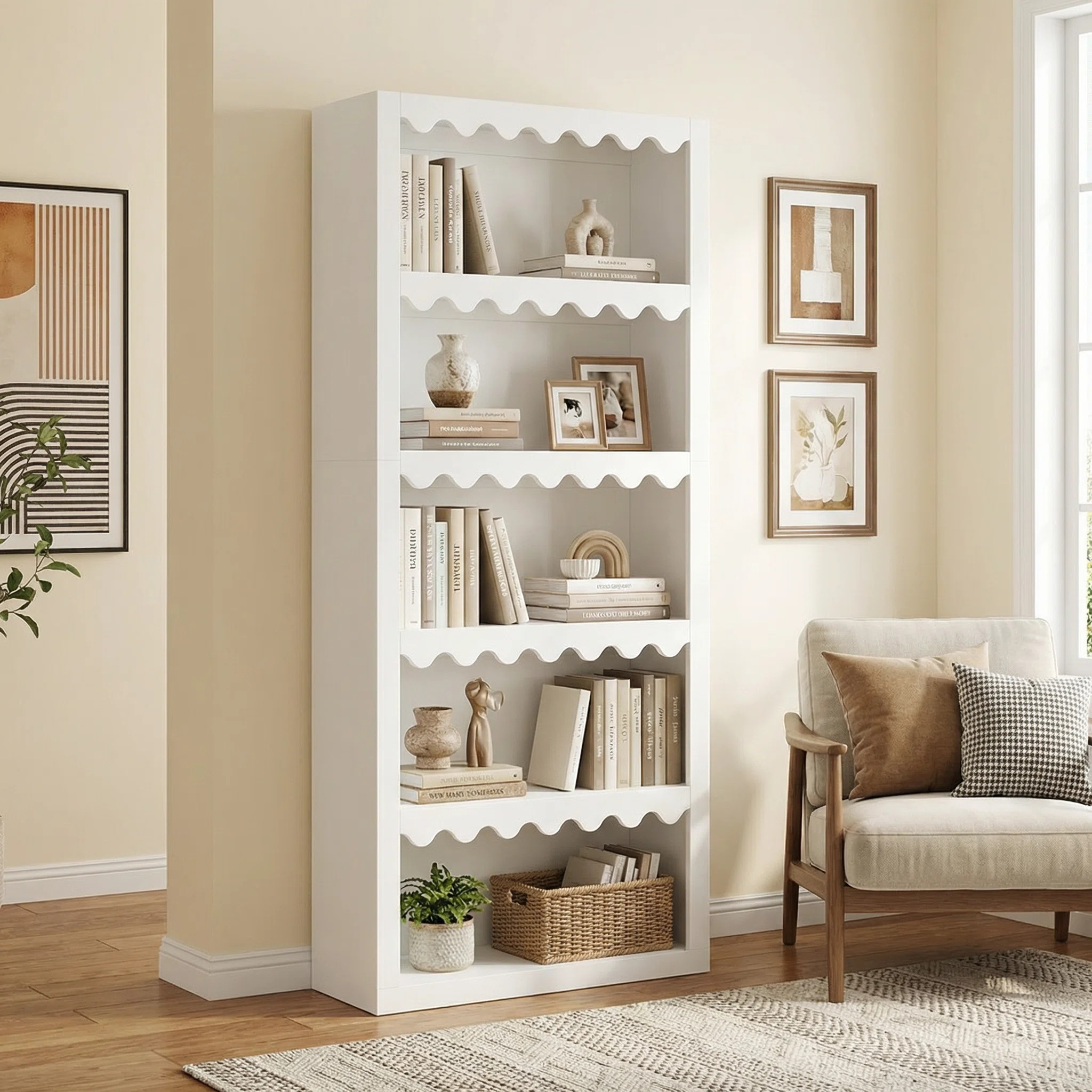 5-Tier White Bookcase, Tall Bookshelf With Scalloped Edges For Living Room | Wayfair North America