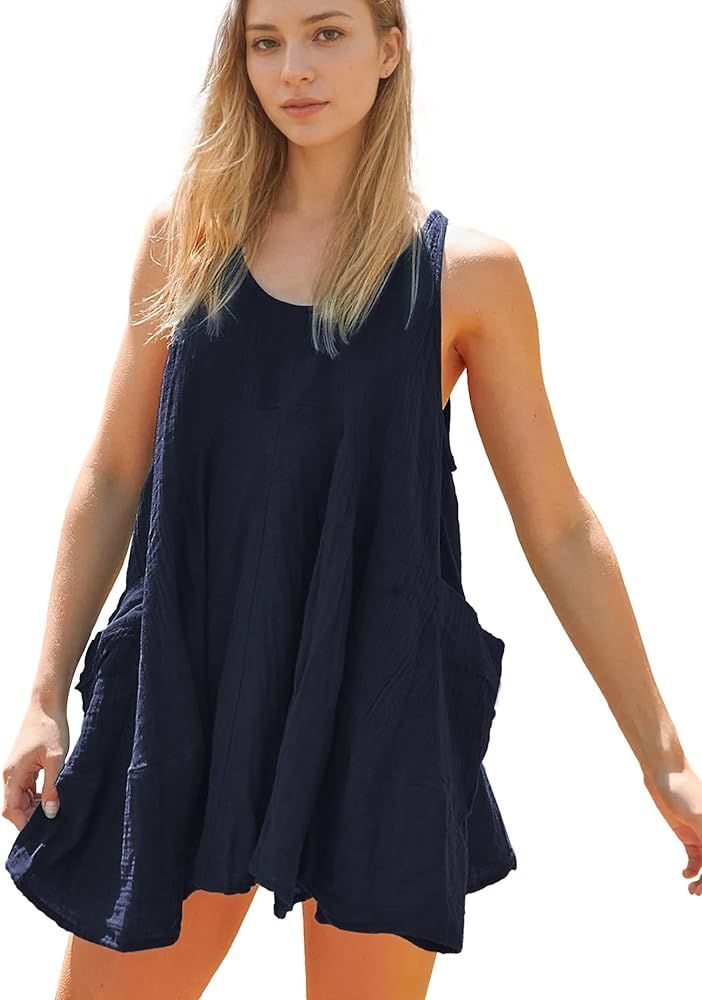 Yioaga Women Casual Summer Dresses Sleeveless Crew Neck Backless Tunic Mini Dress Loose Flowy Tan... | Amazon (US)