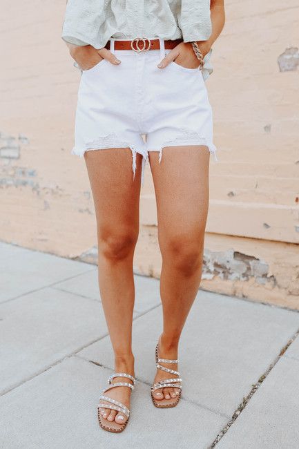 Catch Up Distressed White Denim Shorts | Magnolia Boutique