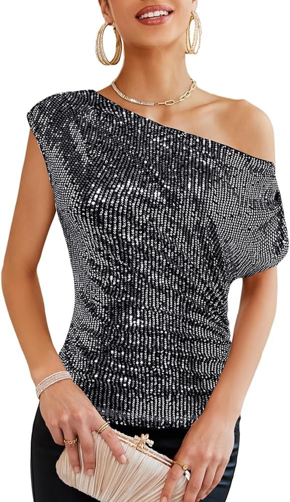 GRACE KARIN One Shoulder Sequin Sparkly Tops for Women Ruched Asymmetrical Glitter Tops Slimming ... | Amazon (US)
