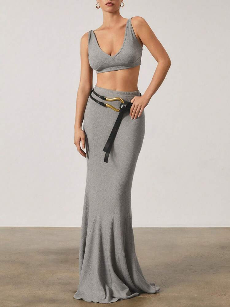SHEIN Unity 2pcs/Set Women Grey Vest & Maxi Fish Tail Skirt Knit Set, Autumn/Winter | SHEIN