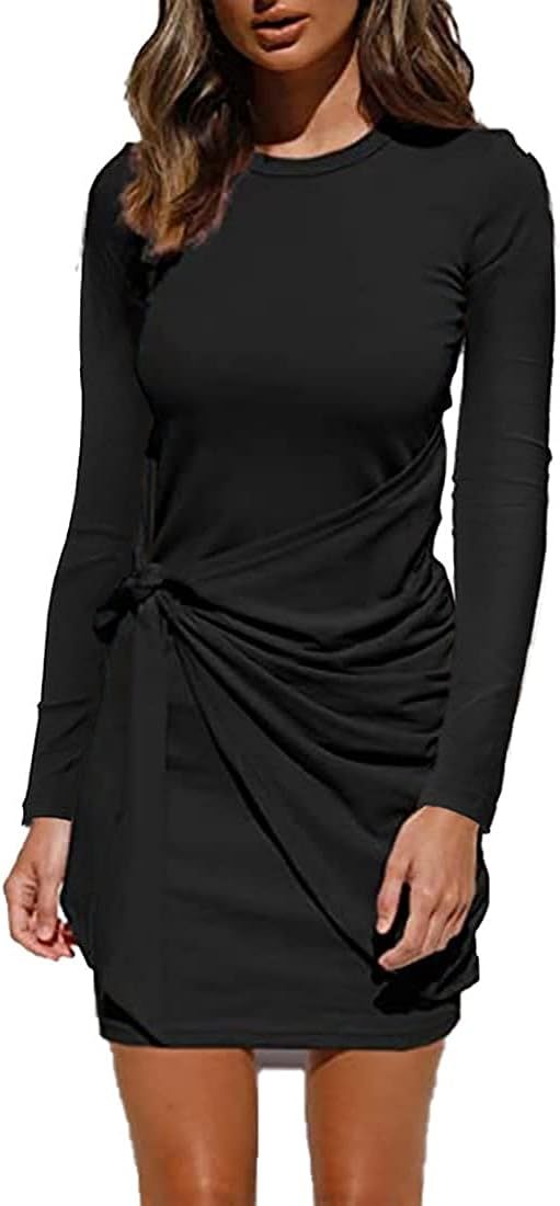 Women's Dress Casual Long Sleeve Soft Stretchy Dress Crewneck Ruched Tie Waist Mini Dresses | Amazon (US)