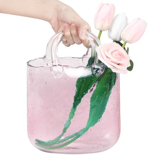 Unique Purse Vase for Flowers,Pink Handmade Thicken Bubbled Glass Bag Vases with Gradient Color for Home Decors .Great Clear Purse Flower Vase for Centerpiece,Floral Arrangement,Wedding Decors. | Amazon (US)