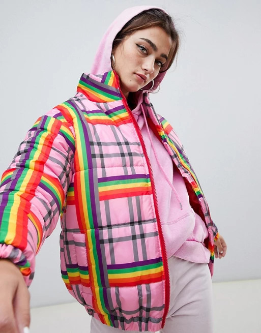 Daisy Street padded jacket in rainbow check | ASOS UK