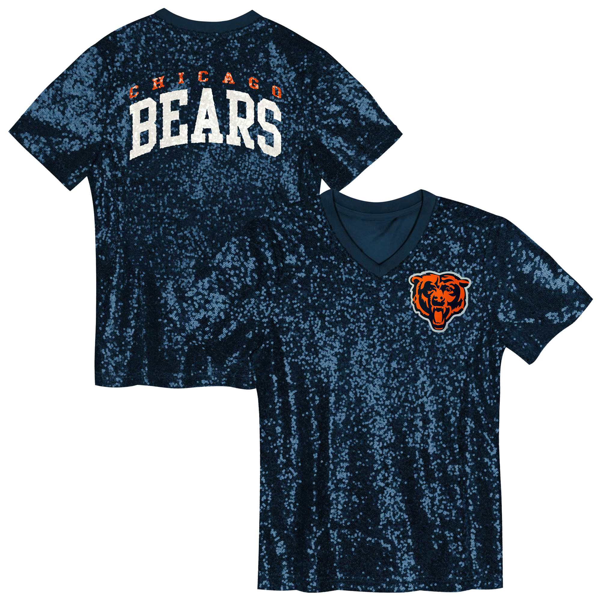Chicago Bears Girls Youth Wordmark Sequin V-Neck Top - Navy | Fanatics