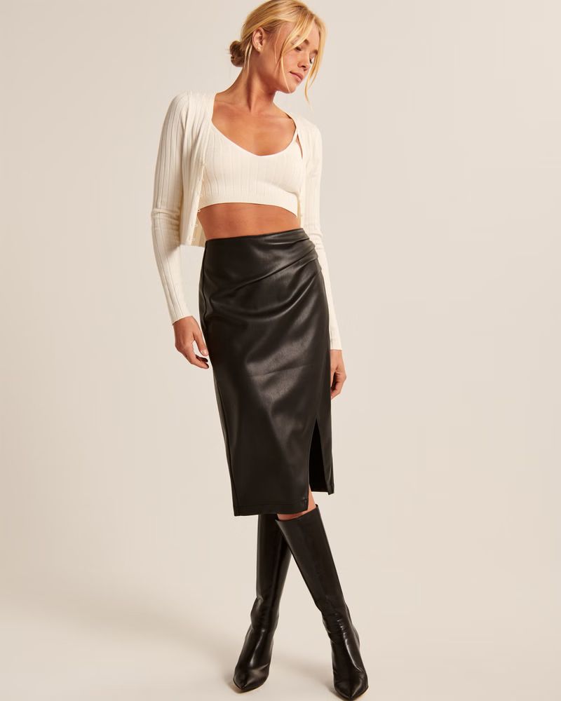 Women's Vegan Leather Ruched Midi Skirt | Women's Bottoms | Abercrombie.com | Abercrombie & Fitch (US)