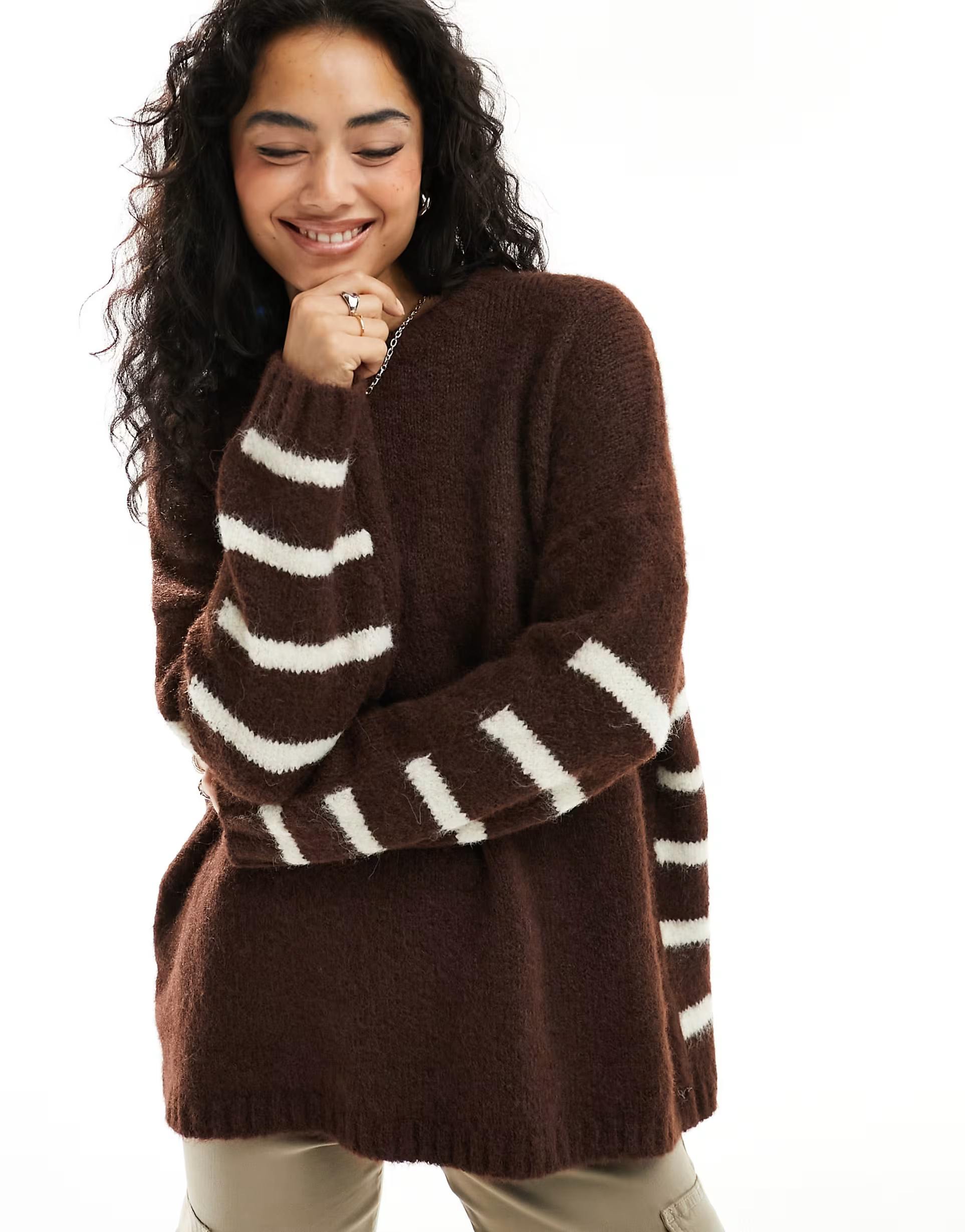 ASOS DESIGN crew neck jumper with stripe back detail in brown and cream | ASOS | ASOS (Global)