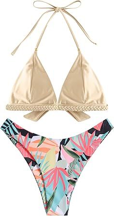 ZAFUL Women's Floral Printed Bikini Set Braided Panel Shiny Metallic High Cut Swimsuit Triangle B... | Amazon (US)