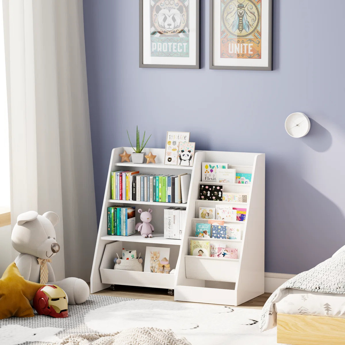 Bookshelf for Kids Rooms,4 - Tier Kids Bookshelf with Movable Drawer and 5 Sling Pockets - Toddle... | Wayfair North America